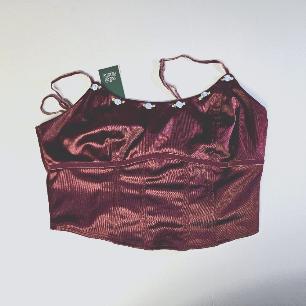 Wild Fable Medium Burgundy Satin Corset Crop Top‎ with Floral Accents